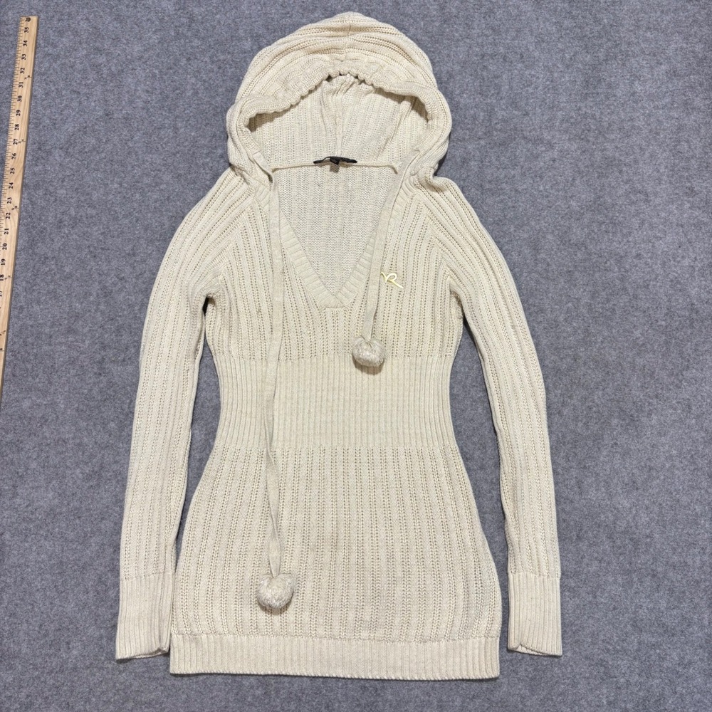 Rocawear Womens Cream Metallic Ribbed Knit Hooded Sweater Pom Pom Y2K Large
